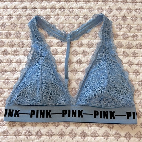VS Pink Logo Band Padded Lace Racerback Bralette Light Blue Size Small - Picture 1 of 7